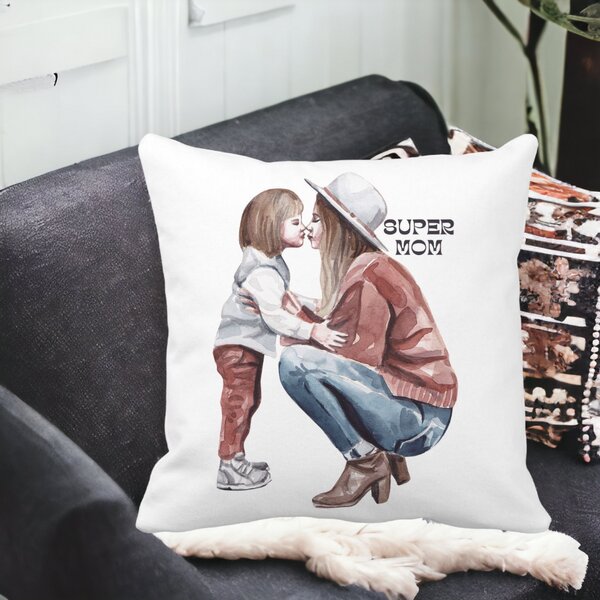 Perna Decorativa, Super Mom, 40x40 cm, Alba, Mata, Husa Detasabila, Burduf 13 40x40 cm
