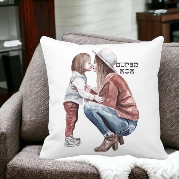 Perna Decorativa, Super Mom, 40x40 cm, Alba, Mata, Husa Detasabila, Burduf 14 Alba