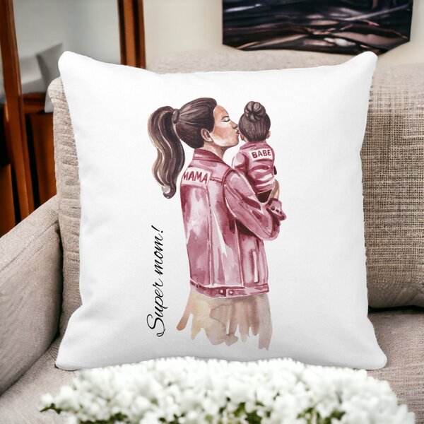 Perna Decorativa, Super Mom & Babe, 40x40 cm, Alba, Mata, Husa Detasabila, Burduf 13 40x40 cm