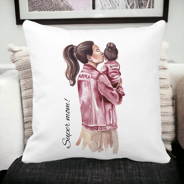 Perna Decorativa, Super Mom & Babe, 40x40 cm, Alba, Mata, Husa Detasabila, Burduf 14 Alba