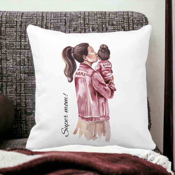 Perna Decorativa, Super Mom & Babe, 40x40 cm, Alba, Mata, Husa Detasabila, Burduf 15 Mata
