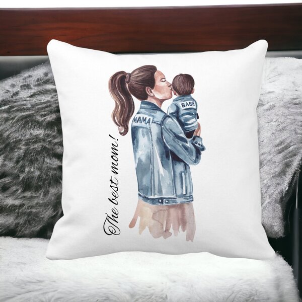 Perna Decorativa, The Best Mom 40x40 cm, Alba, Mata, Husa Detasabila, Burduf 12 The Best Mom 40x40 cm