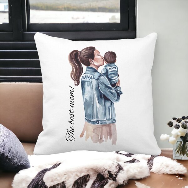 Perna Decorativa, The Best Mom 40x40 cm, Alba, Mata, Husa Detasabila, Burduf 14 Mata