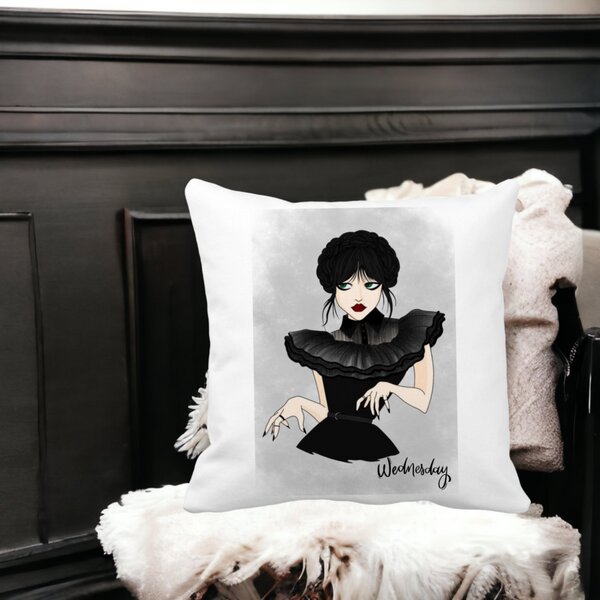 Perna Decorativa Wednesday Addams Dancing Hands 3,40x40 cm, Alba, Mata, Husa Detasabila, Burduf 13 Alba