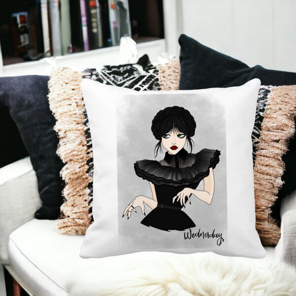 Perna Decorativa Wednesday Addams Dancing Hands 3,40x40 cm, Alba, Mata, Husa Detasabila, Burduf 14 Mata