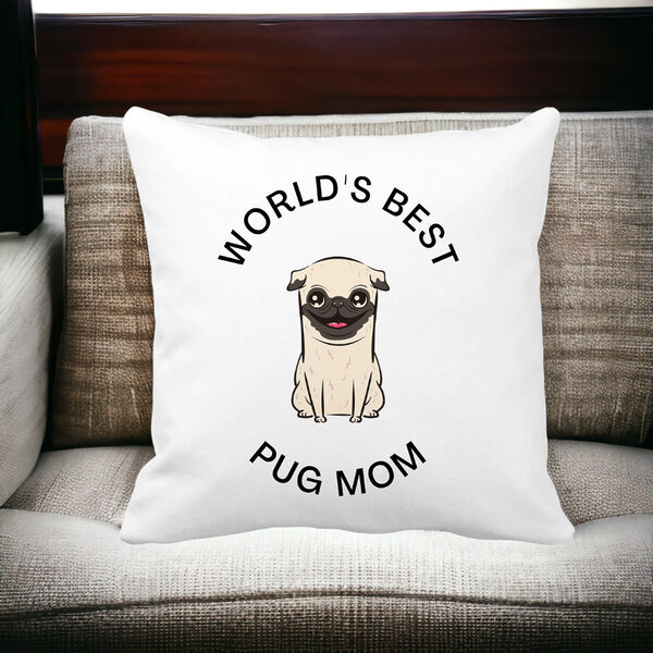 Perna Decorativa, World's Best Pug Mom, 40x40 cm, Alba, Mata, Husa Detasabila, Burduf 14 World's Best Pug Mom
