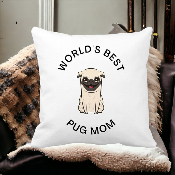 Perna Decorativa, World's Best Pug Mom, 40x40 cm, Alba, Mata, Husa Detasabila, Burduf 15 40x40 cm