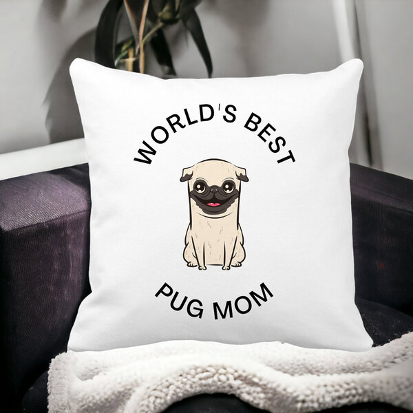 Perna Decorativa, World's Best Pug Mom, 40x40 cm, Alba, Mata, Husa Detasabila, Burduf 16 Alba