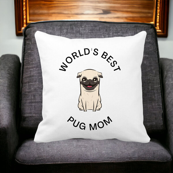 Perna Decorativa, World's Best Pug Mom, 40x40 cm, Alba, Mata, Husa Detasabila, Burduf 18 Husa Detasabila