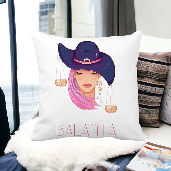 Perna Decorativa, Zodia Balanta, 40x40 cm, Alba, Mata, Husa Detasabila, Burduf 12 Zodia Balanta