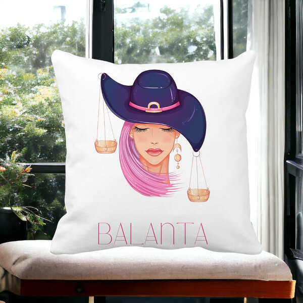 Perna Decorativa, Zodia Balanta, 40x40 cm, Alba, Mata, Husa Detasabila, Burduf 13 40x40 cm