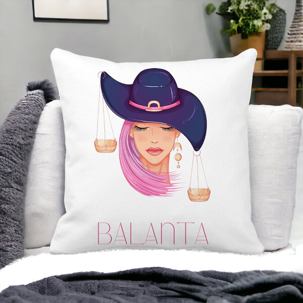 Perna Decorativa, Zodia Balanta, 40x40 cm, Alba, Mata, Husa Detasabila, Burduf 14 Alba