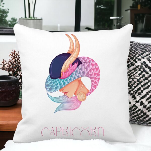 Perna Decorativa, Zodia Capricorn, 40x40 cm, Alba, Mata, Husa Detasabila, Burduf 15 Mata