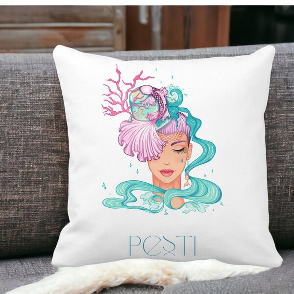 Perna Decorativa, Zodia Pesti, 40x40 cm, Alba, Mata, Husa Detasabila, Burduf 12 Zodia Pesti