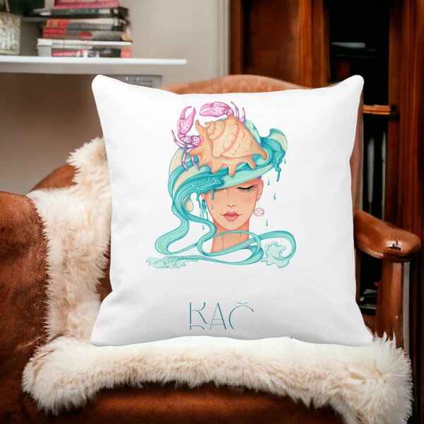 Perna Decorativa, Zodia Rac, 40x40 cm, Alba, Mata, Husa Detasabila, Burduf 12 Zodia Rac
