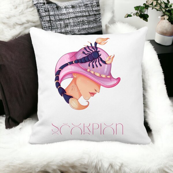 Perna Decorativa, Zodia Scorpion, 40x40 cm, Alba, Mata, Husa Detasabila, Burduf 12 Zodia Scorpion