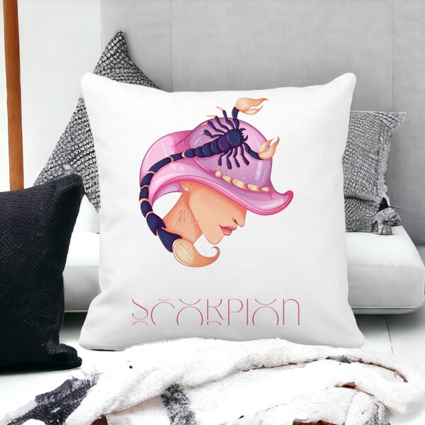 Perna Decorativa, Zodia Scorpion, 40x40 cm, Alba, Mata, Husa Detasabila, Burduf 15 Mata