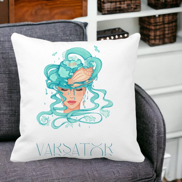 Perna Decorativa, Zodia Varsator, 40x40 cm, Alba, Mata, Husa Detasabila, Burduf 15 Mata