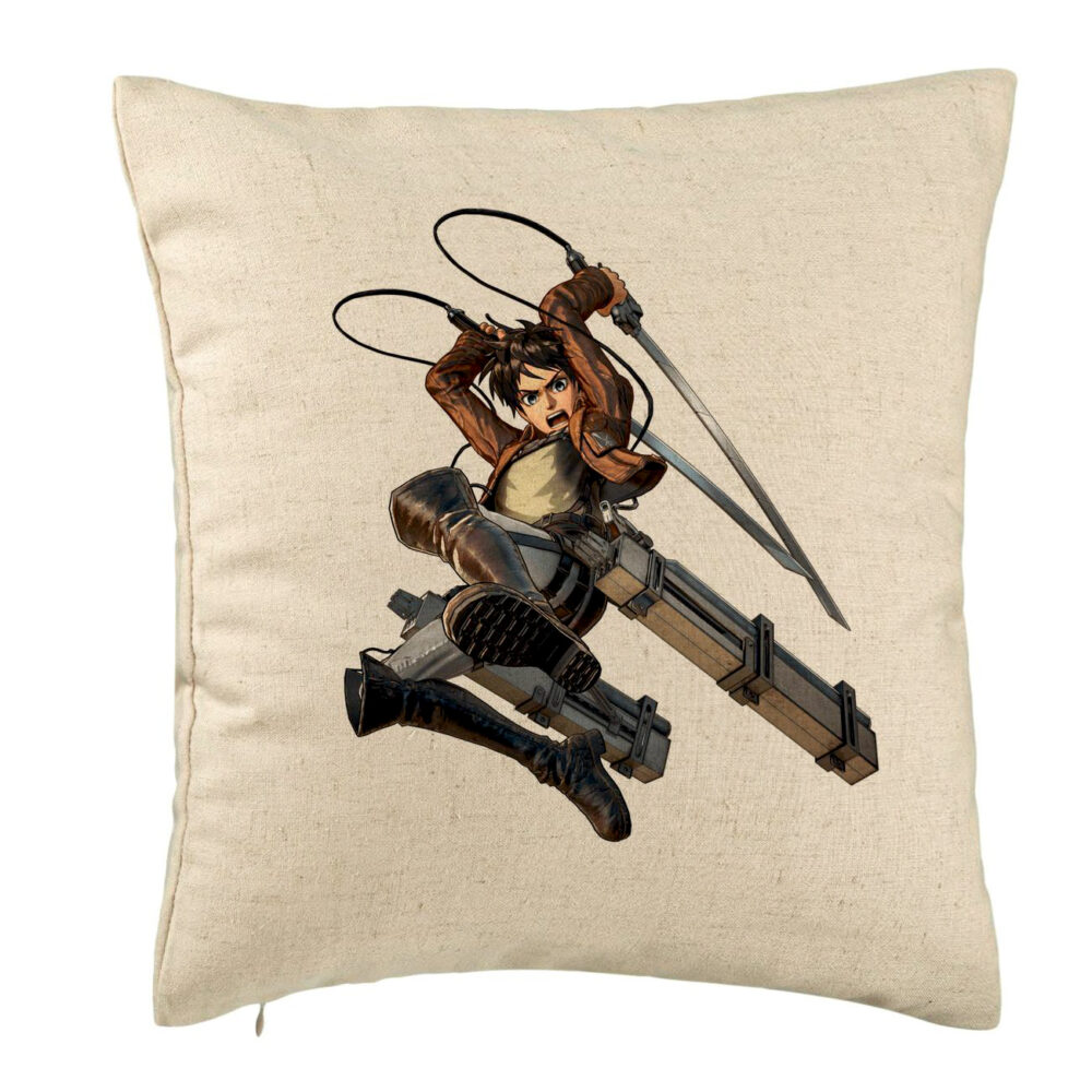 Perna Decorativa cu Attack on Titan Eren Yeager, 40x40 cm, Bej, Husa Detasabila, Burduf 5 Perna Decorativa cu Attack on Titan Eren Yeager