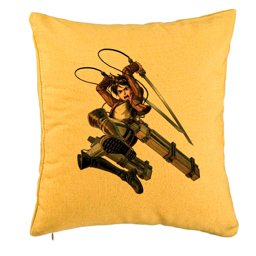 Perna Decorativa cu Attack on Titan Eren Yeager, 40x40 cm, Galben, Husa Detasabila, Burduf 5 Perna Decorativa cu Attack on Titan Eren Yeager