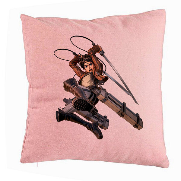 Perna Decorativa cu Attack on Titan Eren Yeager, 40x40 cm, Roz, Husa Detasabila, Burduf 5 Perna Decorativa cu Attack on Titan Eren Yeager