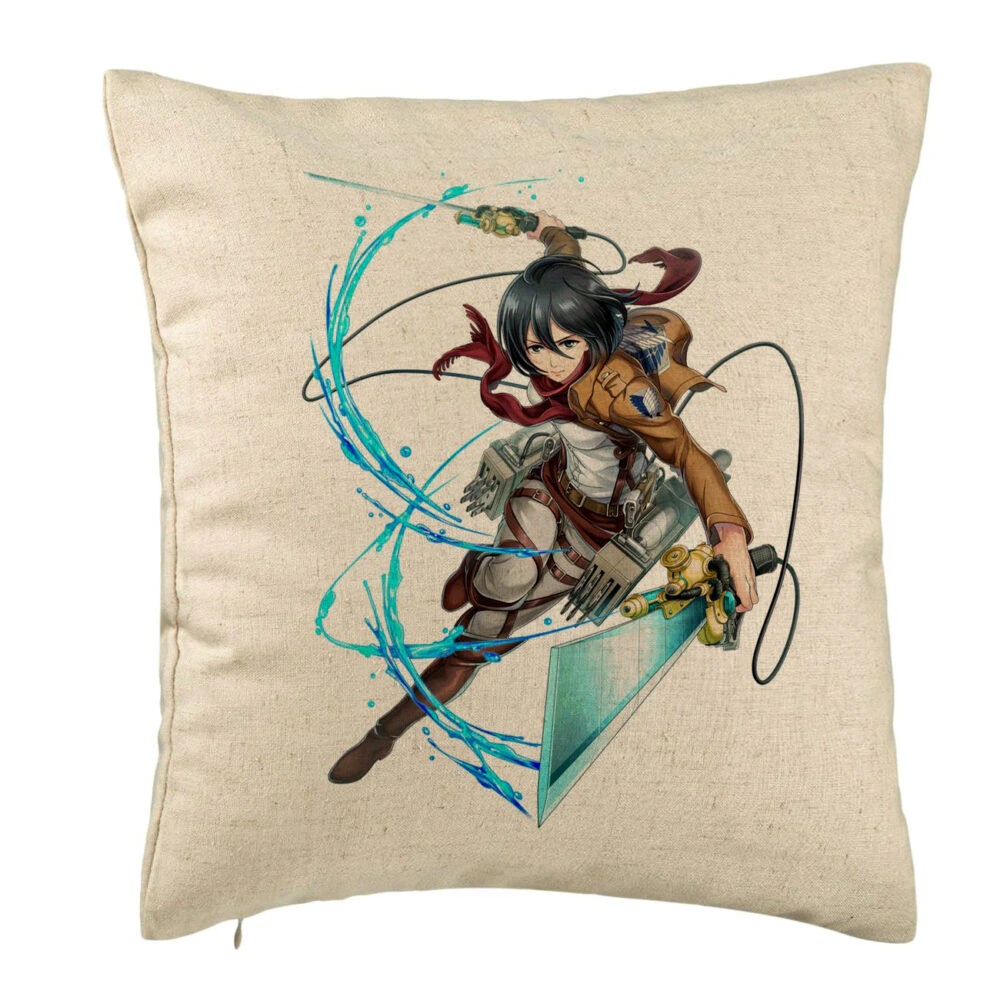 Perna Decorativa cu Attack on Titan Mikasa, 40x40 cm, Bej, Husa Detasabila, Burduf 5 Perna Decorativa cu Attack on Titan Mikasa