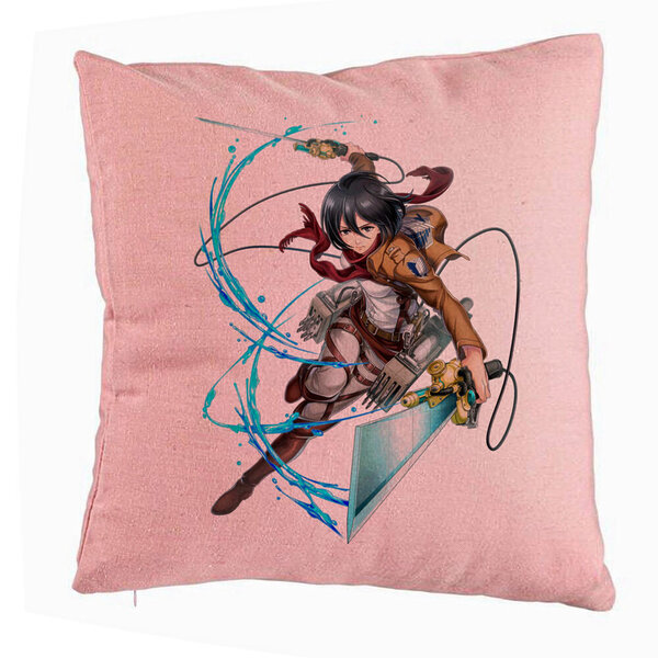 Perna Decorativa cu Attack on Titan Mikasa, 40x40 cm, Roz, Husa Detasabila, Burduf 5 Perna Decorativa cu Attack on Titan Mikasa