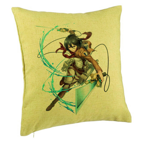 Perna Decorativa cu Attack on Titan Mikasa, 40x40 cm, Verde, Husa Detasabila, Burduf 5 Perna Decorativa cu Attack on Titan Mikasa