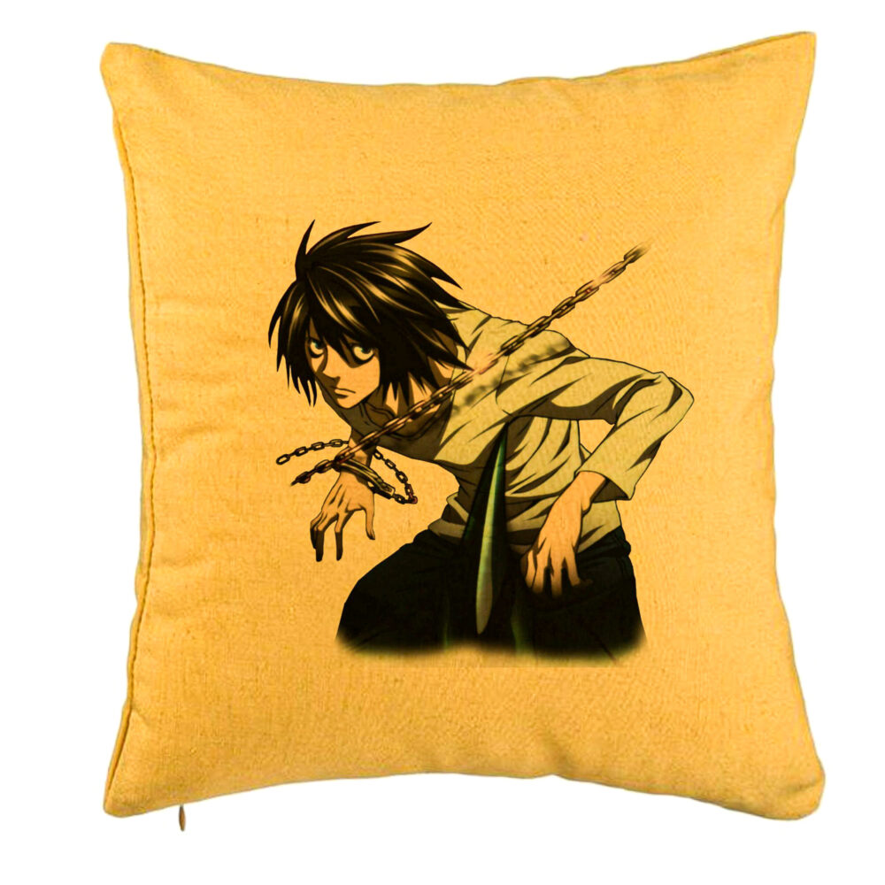 Perna Decorativa cu Death Note L, 40x40 cm, Galben, Husa Detasabila, Burduf 5 Perna Decorativa cu Death Note L