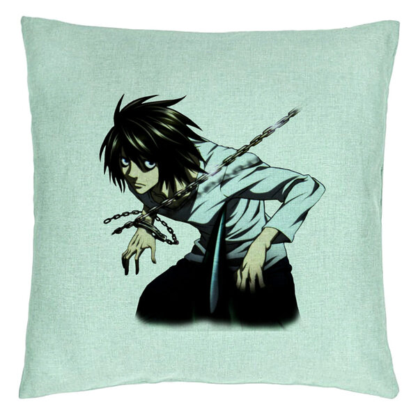 Perna Decorativa cu Death Note L, 40x40 cm, Verde Menta, Husa Detasabila, Burduf 5 Perna Decorativa cu Death Note L