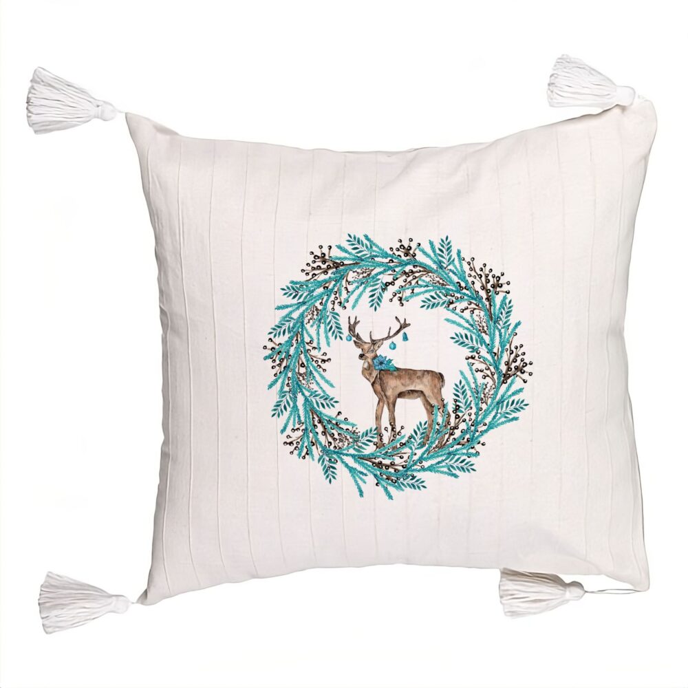 Perna Decorativa cu Franjuri Coronita de Craciun si REN, 45x45 cm, Ecru, Cu fermoar 5 Perna Decorativa cu Franjuri Coronita de Craciun si REN