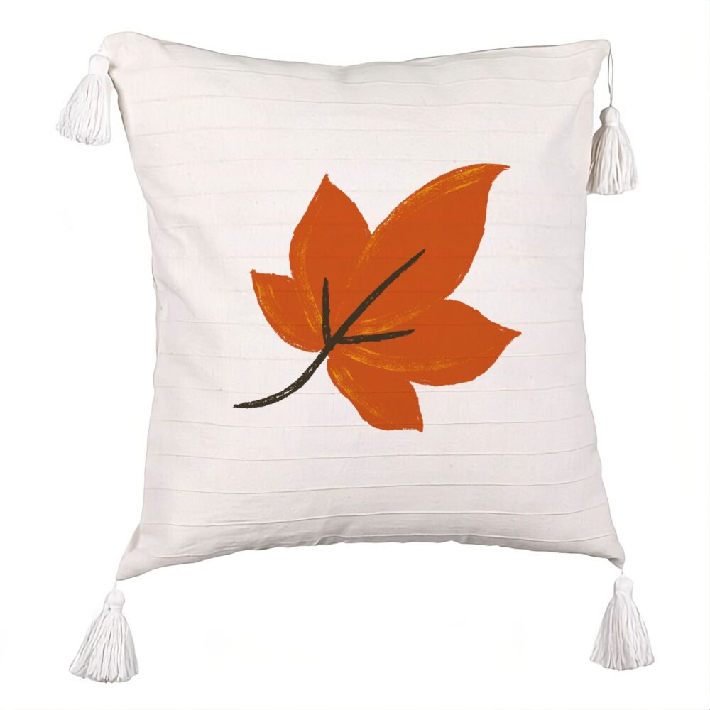 Perna Decorativa cu Franjuri Frunza de Toamna, 45x45 cm, Ecru, Cu fermoar 5 Perna Decorativa cu Franjuri Frunza de Toamna