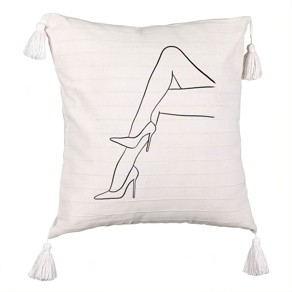 Perna Decorativa cu Franjuri, Model Abstracta Linii Picioare Femeie, 45x45 cm, Ecru, Cu fermoar 5 Perna Decorativa cu Franjuri