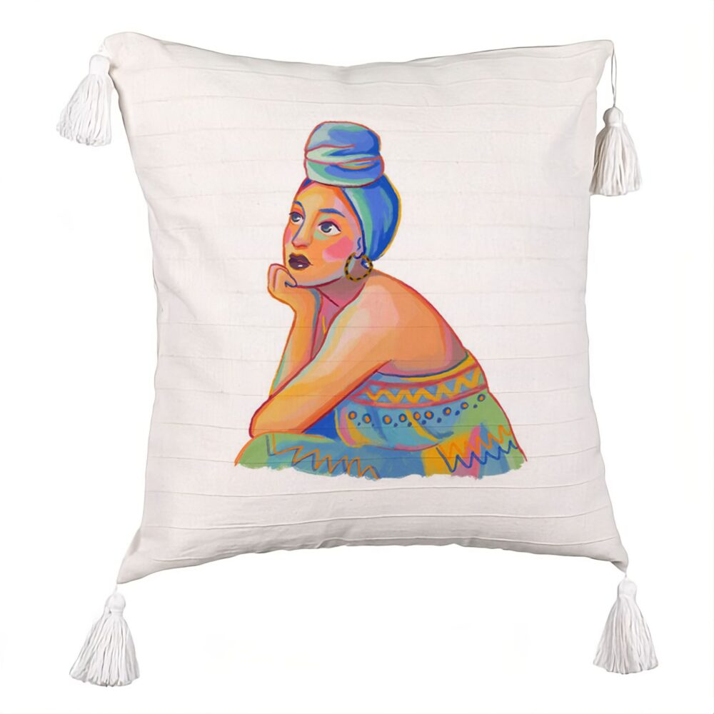Perna Decorativa cu Franjuri, Model African Fashion, 45x45 cm, Ecru, Cu fermoar 5 Perna Decorativa cu Franjuri