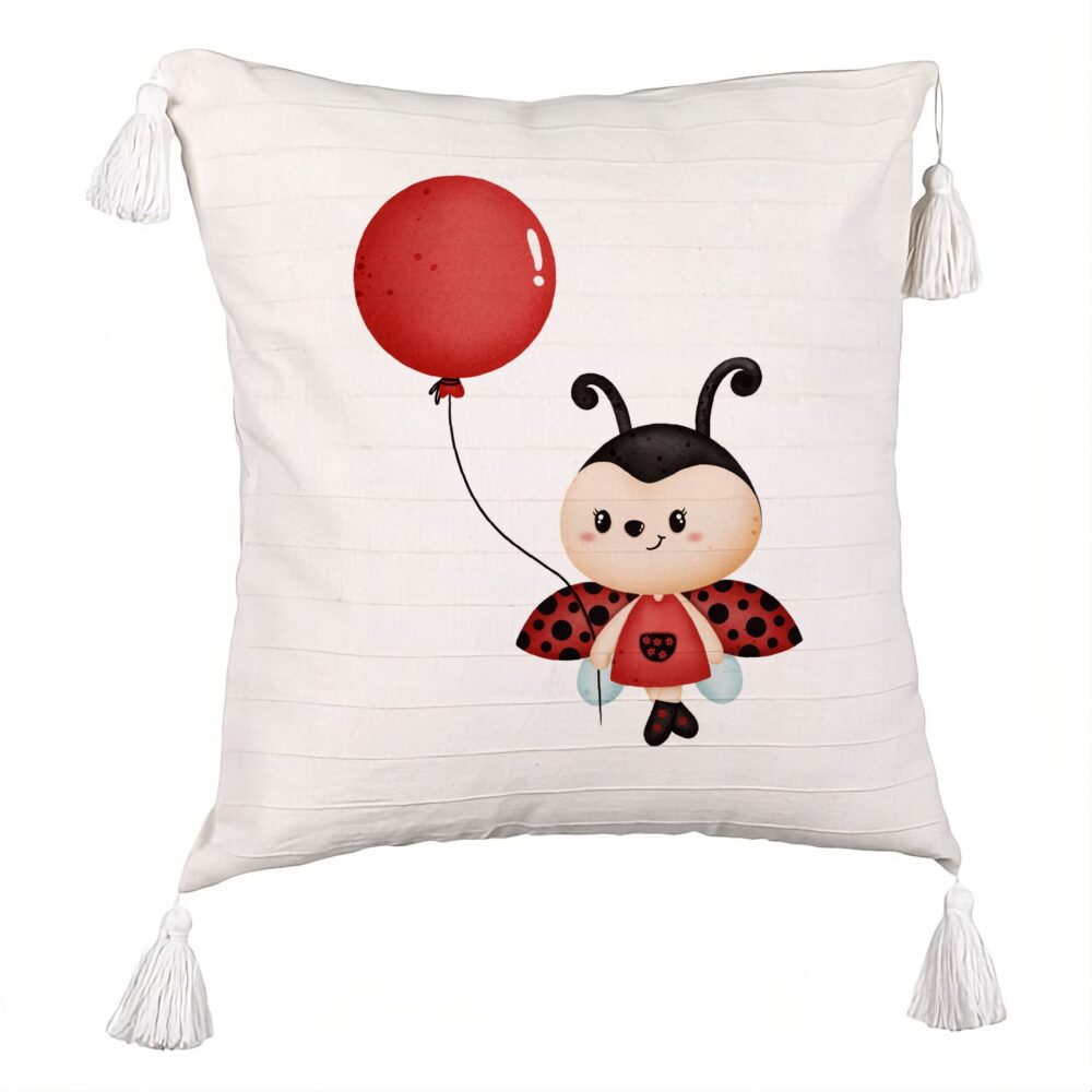 Perna Decorativa cu Franjuri, Model Buburuza cu Balon, 45x45 cm, Ecru, Cu fermoar 5 Perna Decorativa cu Franjuri