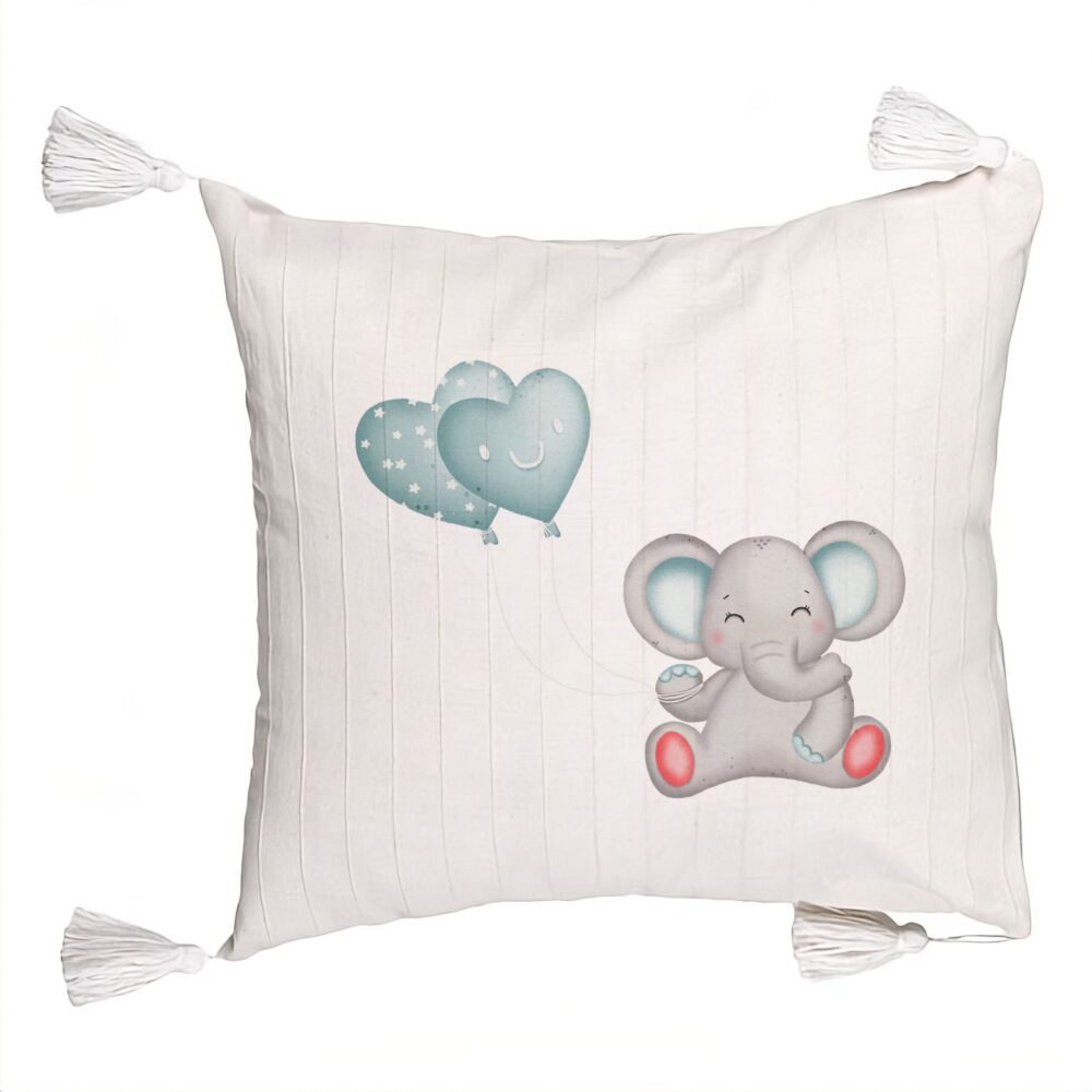 Perna Decorativa cu Franjuri, Model Elefant si baloane in forma de inimioare, 45x45 cm, Ecru, Cu fermoar 5 Perna Decorativa cu Franjuri