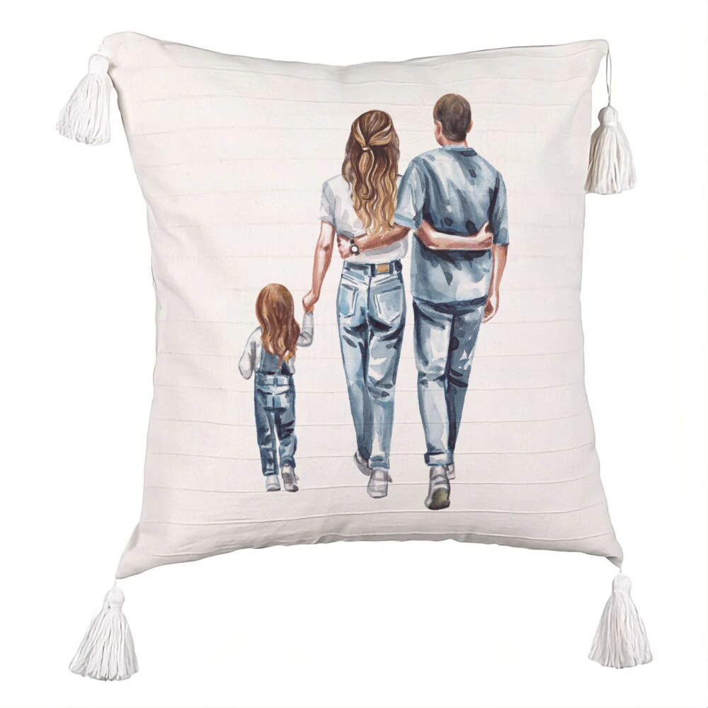 Perna Decorativa cu Franjuri, Model Family in Blue, 45x45 cm, Ecru, Cu fermoar 5 Perna Decorativa cu Franjuri