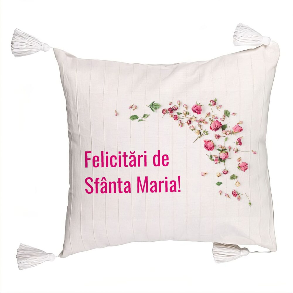 Perna Decorativa cu Franjuri, Model Felicitari de Sfanta Maria, 45x45 cm, Ecru, Cu fermoar 5 Perna Decorativa cu Franjuri