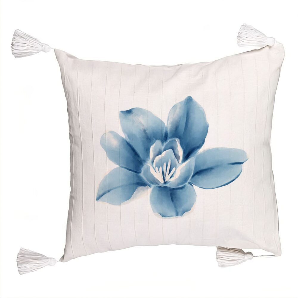 Perna Decorativa cu Franjuri, Model Florale Blue Flower, 45x45 cm, Ecru, Cu fermoar 5 Perna Decorativa cu Franjuri