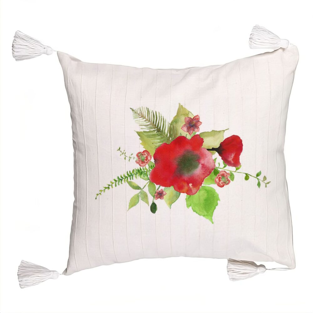Perna Decorativa cu Franjuri, Model Florale Mac, 45x45 cm, Ecru, Cu fermoar 5 Perna Decorativa cu Franjuri