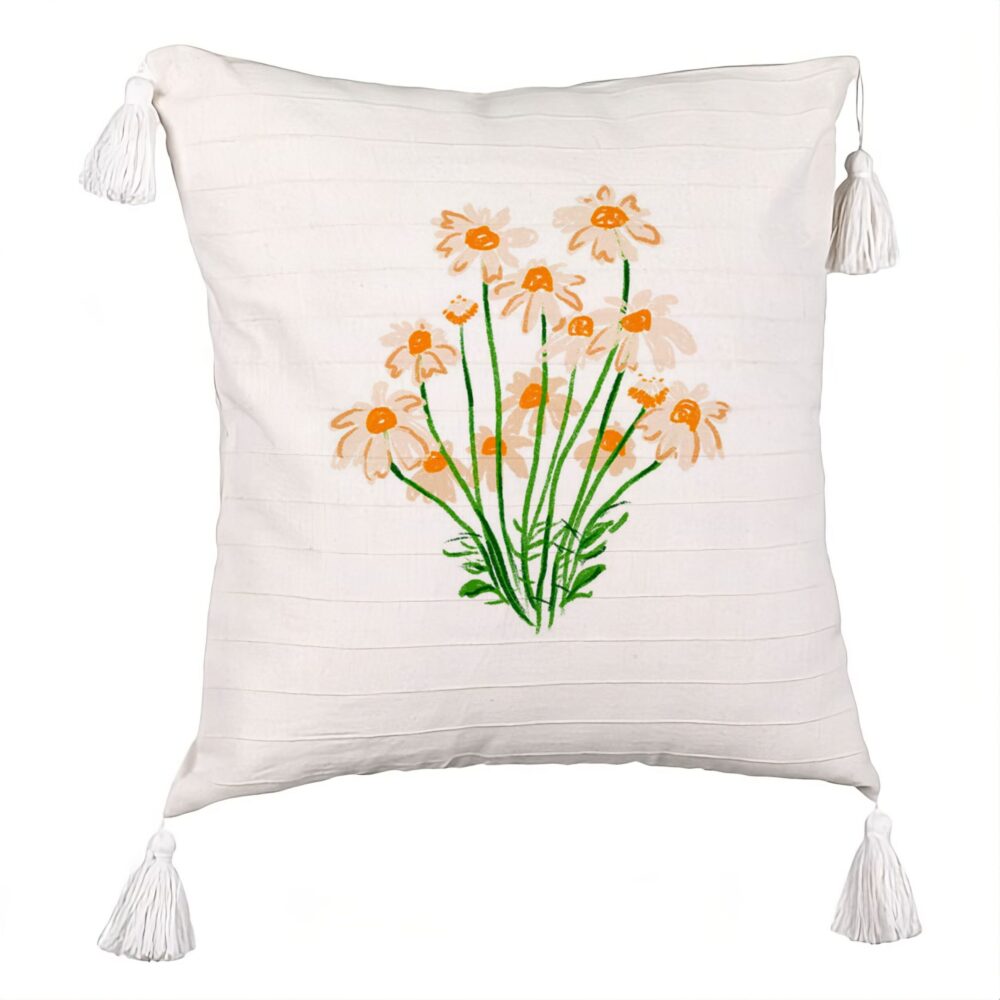 Perna Decorativa cu Franjuri, Model Florale Margarete, 45x45 cm, Ecru, Cu fermoar 5 Perna Decorativa cu Franjuri