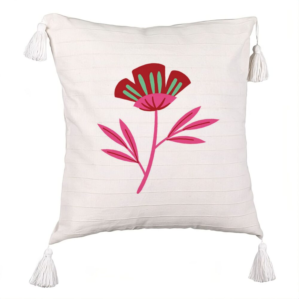 Perna Decorativa cu Franjuri, Model Florale Red Paradise, 45x45 cm, Ecru, Cu fermoar 5 Perna Decorativa cu Franjuri