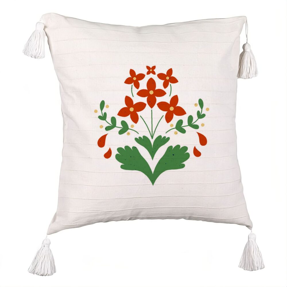Perna Decorativa cu Franjuri, Model Florale Rosii, 45x45 cm, Ecru, Cu fermoar 5 Perna Decorativa cu Franjuri