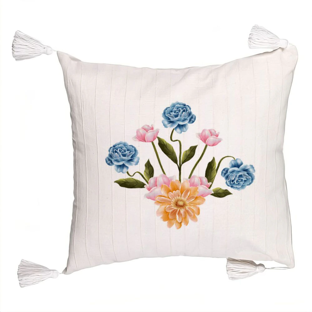 Perna Decorativa cu Franjuri, Model Florale Roz Gold si Ecrustru, 45x45 cm, Ecru, Cu fermoar 5 Perna Decorativa cu Franjuri