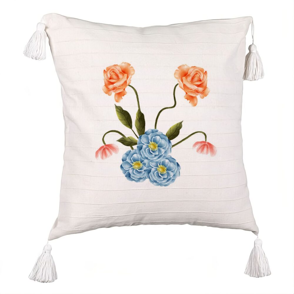 Perna Decorativa cu Franjuri, Model Florale Roz si Alastru, 45x45 cm, Ecru, Cu fermoar 5 Perna Decorativa cu Franjuri