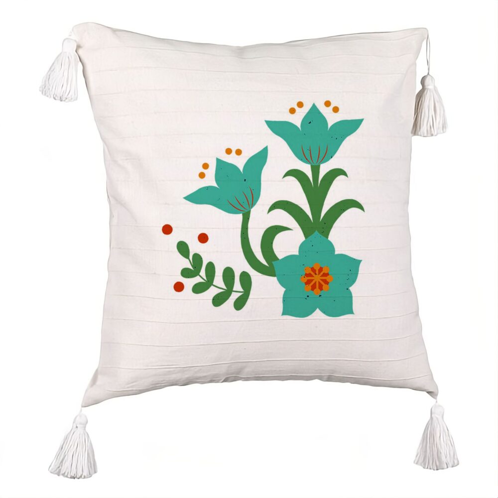 Perna Decorativa cu Franjuri, Model Florale Verzi, 45x45 cm, Ecru, Cu fermoar 5 Perna Decorativa cu Franjuri