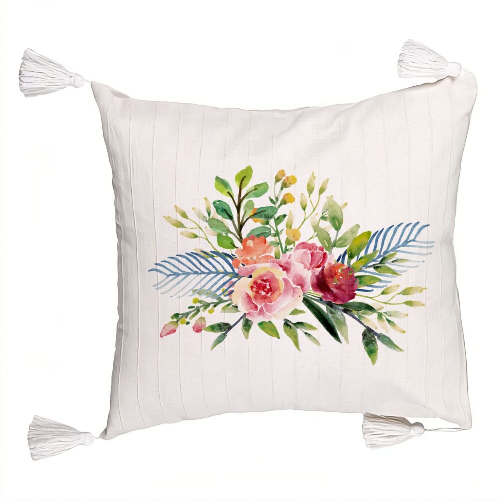 Perna Decorativa cu Franjuri, Model Florale de vara, 45x45 cm, Ecru, Cu fermoar 5 Perna Decorativa cu Franjuri
