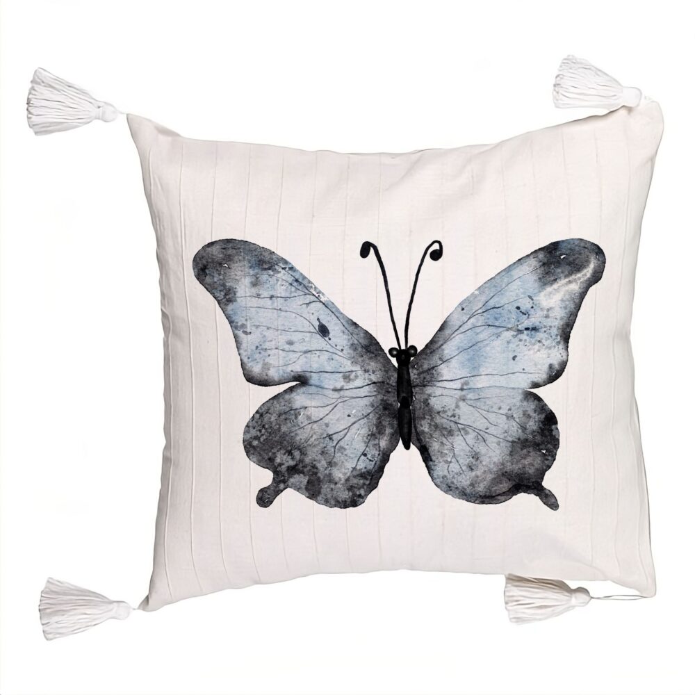 Perna Decorativa cu Franjuri, Model Fluture 1, Blue and Black 45x45 cm, Ecru, Cu fermoar 5 Perna Decorativa cu Franjuri