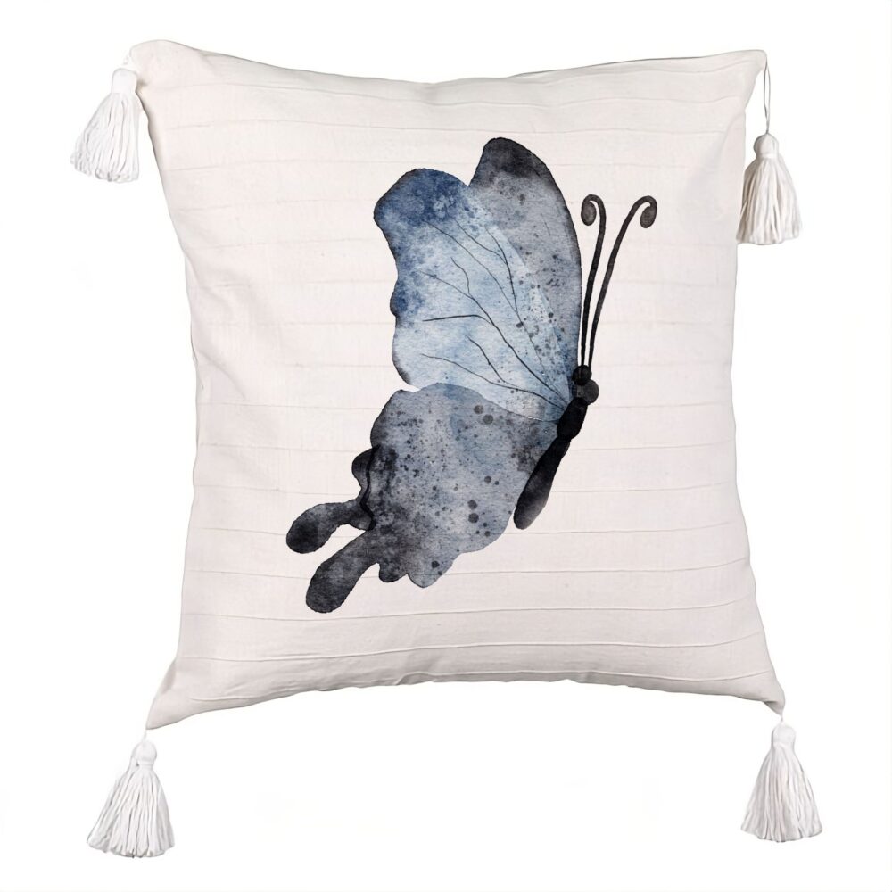 Perna Decorativa cu Franjuri, Model Fluture 2, Blue and Black 45x45 cm, Ecru, Cu fermoar 5 Perna Decorativa cu Franjuri