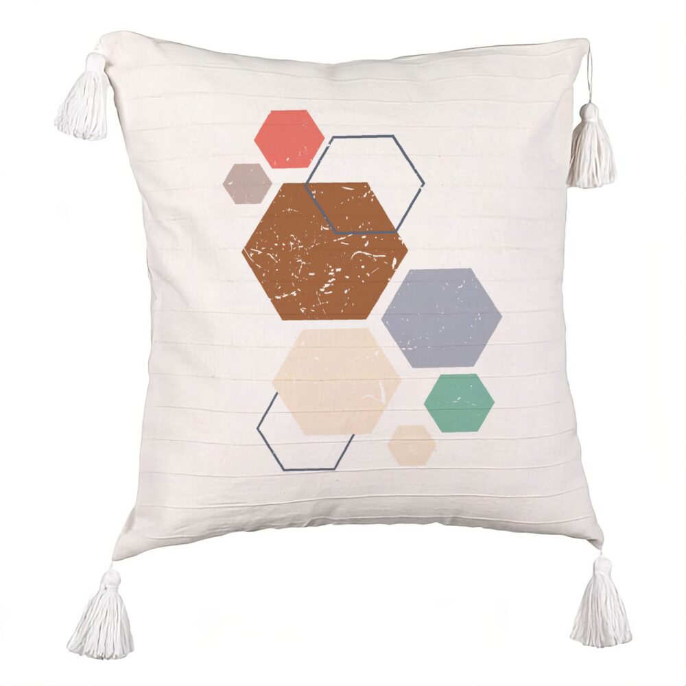 Perna Decorativa cu Franjuri, Model Forme Geometrice 3, Multicolor 45x45 cm, Ecru, Cu fermoar 5 Perna Decorativa cu Franjuri